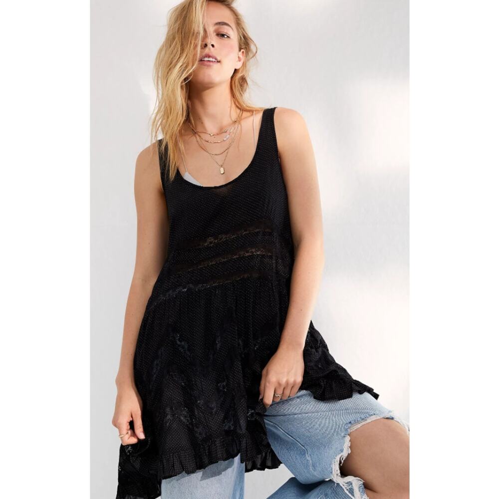 Free People Intimately VOILE AND LACE Trapeze Slip Mini Dress in Black Combo M